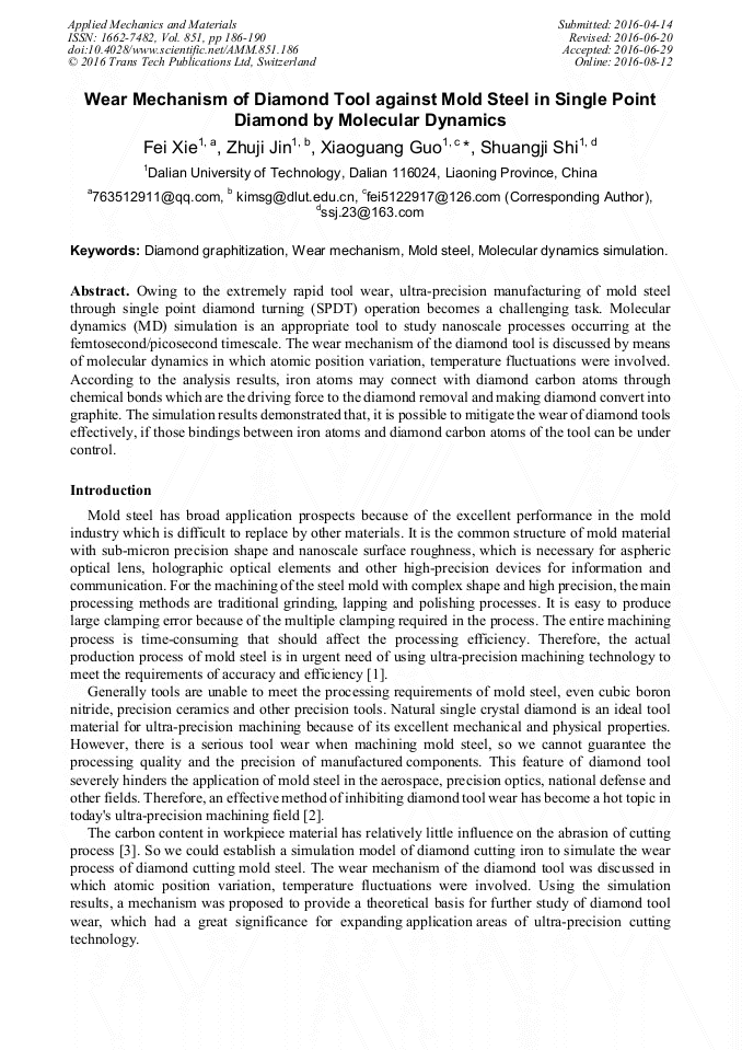 Wear Mechanism of Diamond Tool against Mold Steel in Single Point