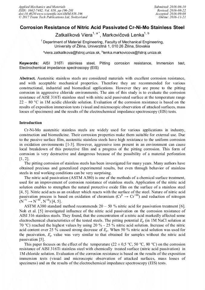 Corrosion Resistance of Nitric Acid Passivated CrNiMo Stainless Steel