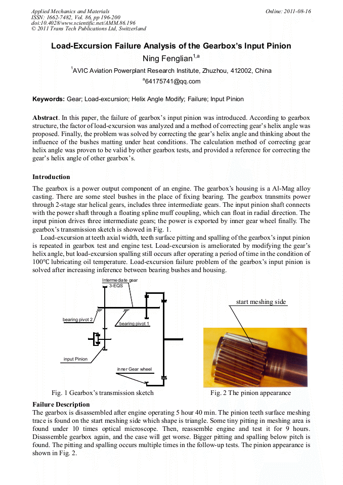 LoadExcursion Failure Analysis of the Gearbox’s Input Pinion
