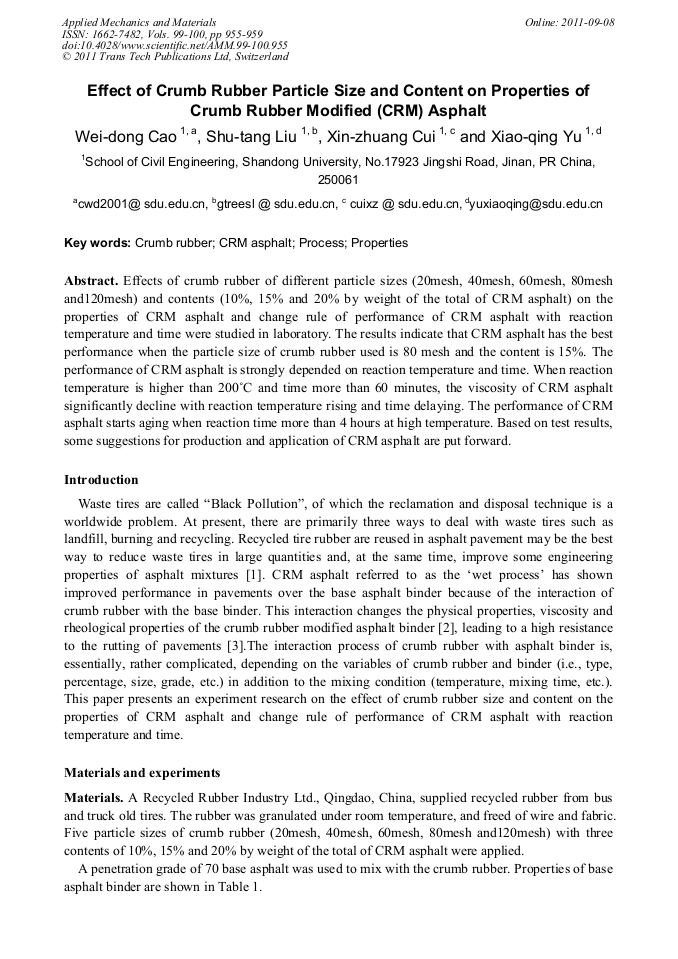 Effect of Crumb Rubber Particle Size and Content on Properties of Crumb