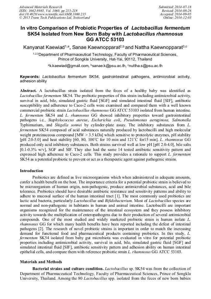 In Vitro Comparison of Probiotic Properties of Lactobacillus fermentum SK54 Isolated from New