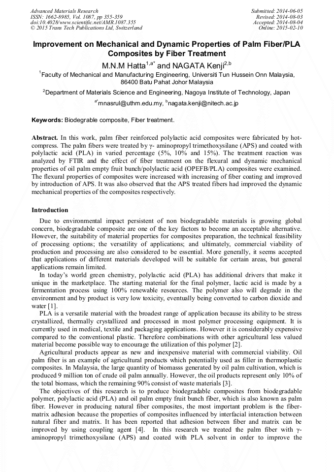 Improvement on Mechanical and Dynamic Properties of Palm