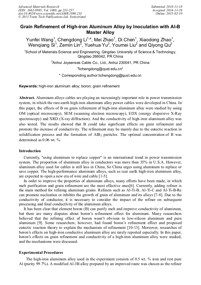 Grain Refinement of HighIron Aluminum Alloy by Inoculation with AlB