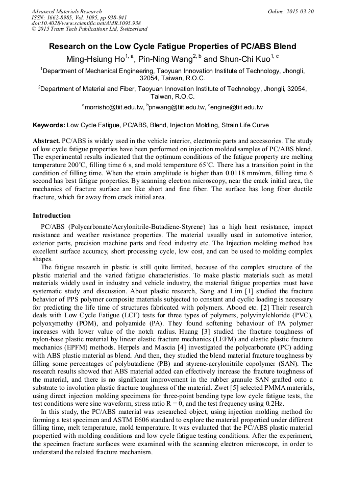 Research on the Low Cycle Fatigue Properties of PC/ABS Blend