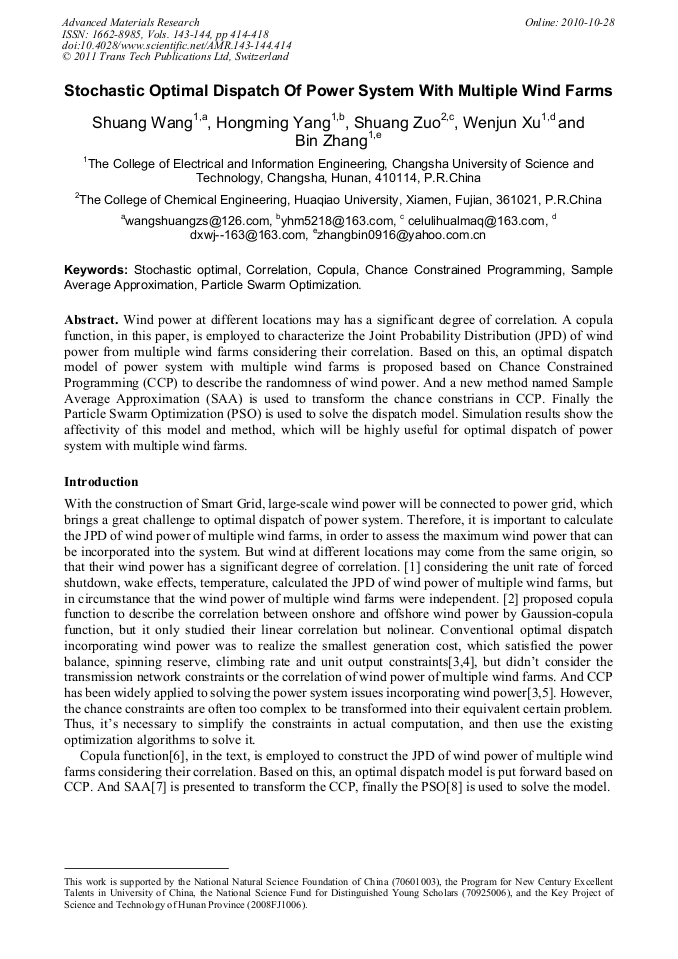 Stochastic Optimal Dispatch of Power System with Multiple Wind Farms