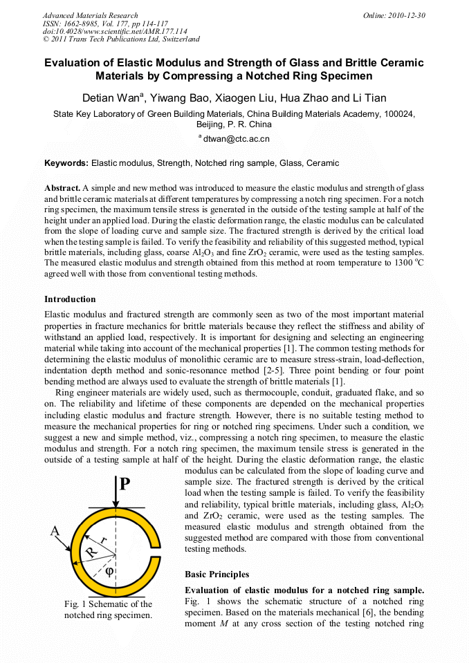 Evaluation of Elastic Modulus and Strength of Glass and Brittle Ceramic