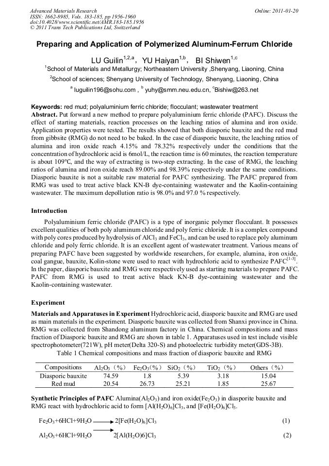 Preparing and Application of Polymerized AluminumFerrum Chloride