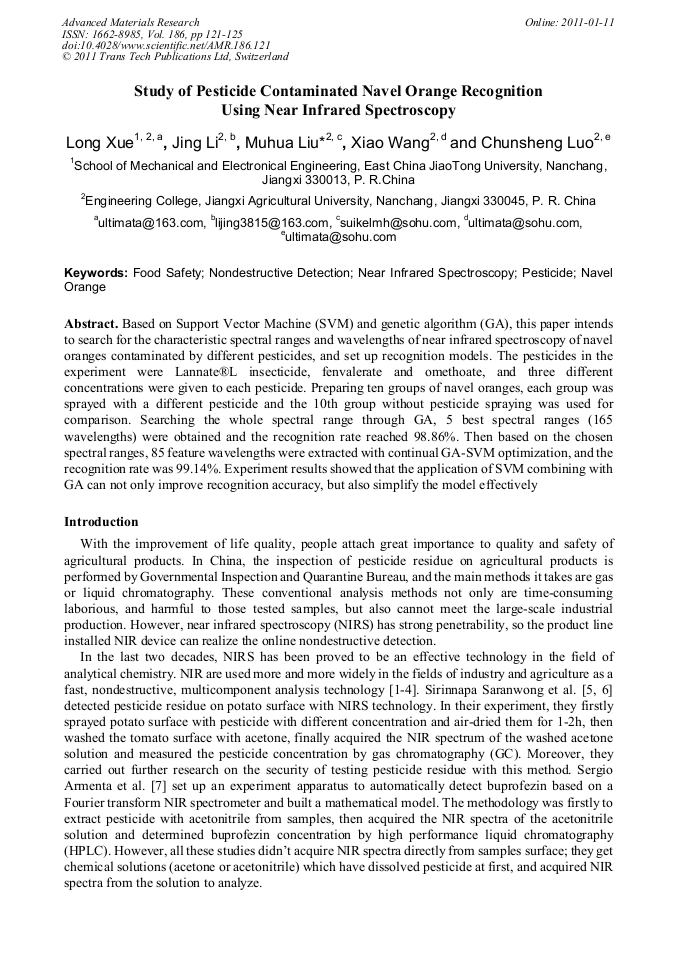 Study of Pesticide Contaminated Navel Orange Recognition Using near