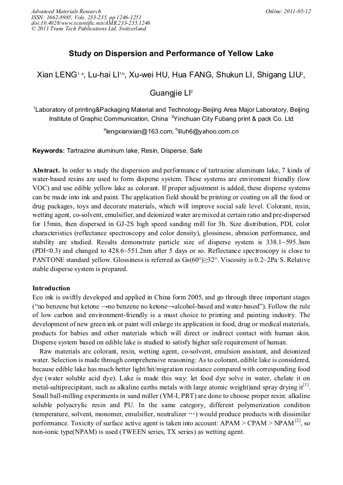 Study on Dispersion and Performance of Yellow Lake
