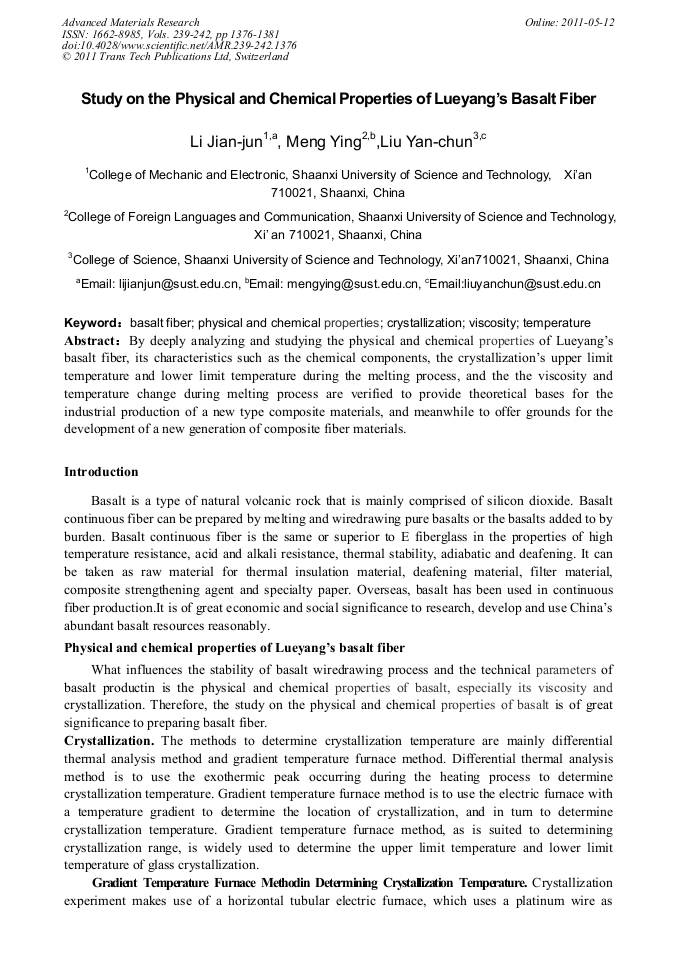 Study on the Physical and Chemical Properties of Lueyang’s Basalt Fiber