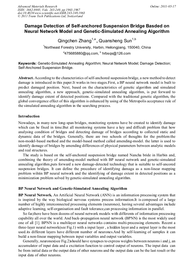 Damage Detection of SelfAnchored Suspension Bridge Based on Neural