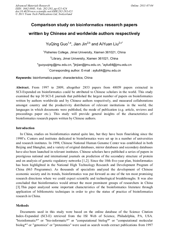 Comparison Study on Bioinformatics Research Papers Written by Chinese