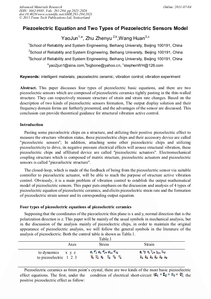 Piezoelectric Equation and Two Types of Piezoelectric Sensors Model