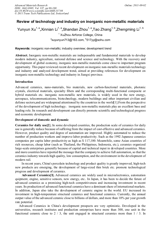 Review of Technology and Industry on NonMetallic Materials Review of Technology and Industry on NonMetallic Materials