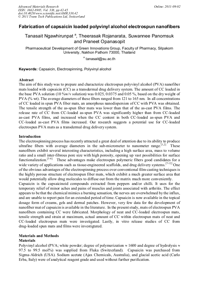 Fabrication of Capsaicin Loaded Polyvinyl Alcohol Electrospun Nanofibers