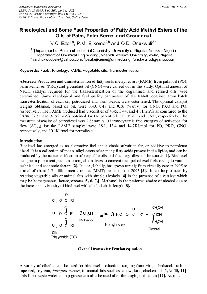Rheological and Some Fuel Properties of Fatty Acid Methyl Esters of the