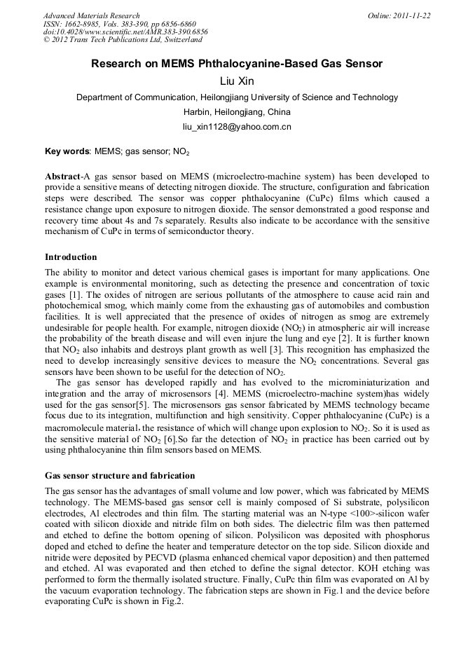 Research on MEMS PhthalocyanineBased Gas Sensor