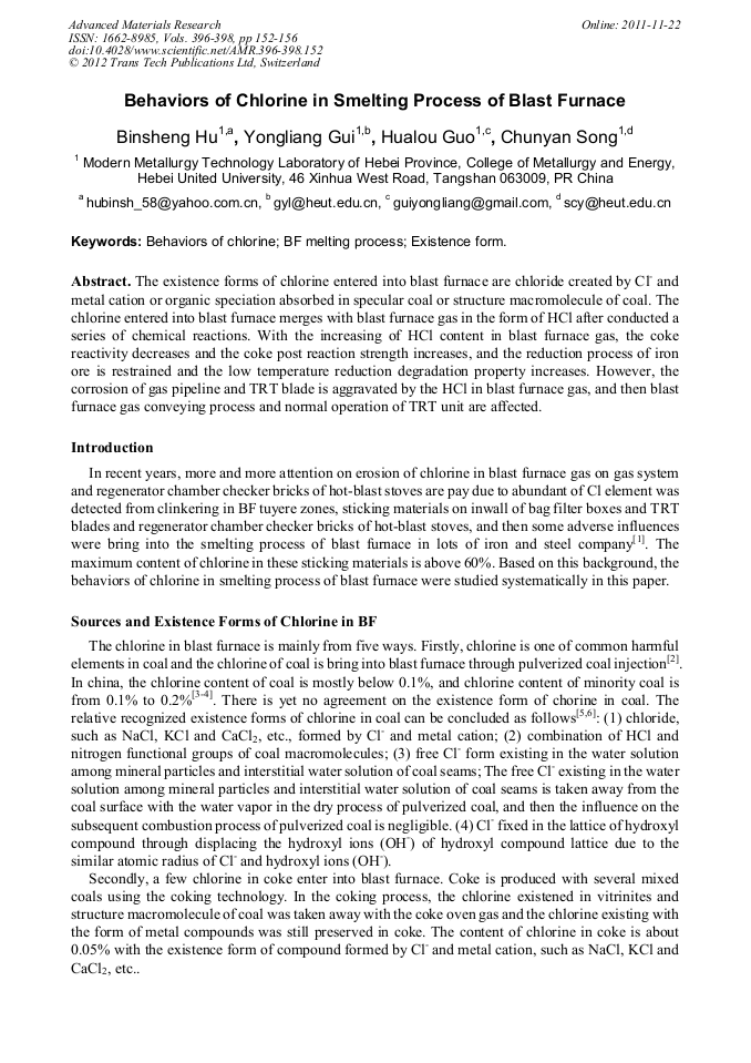 Behaviors of Chlorine in Smelting Process of Blast Furnace