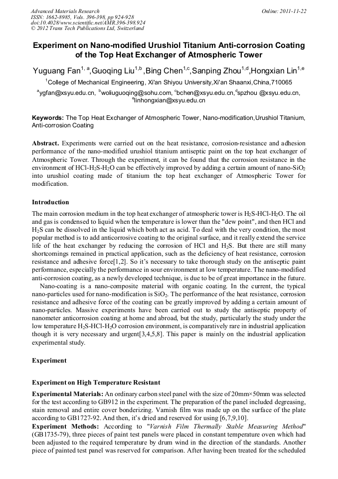 Experiment on NanoModified Urushiol Titanium AntiCorrosion Coating of