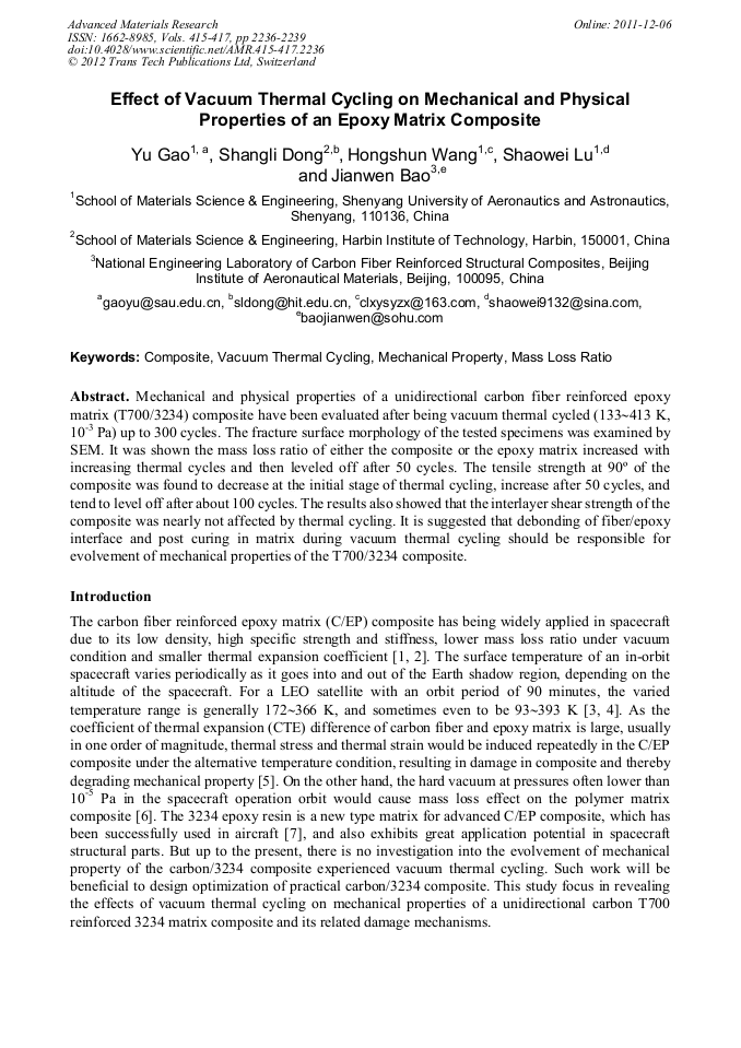 Effect of Vacuum Thermal Cycling on Mechanical and Physical Properties