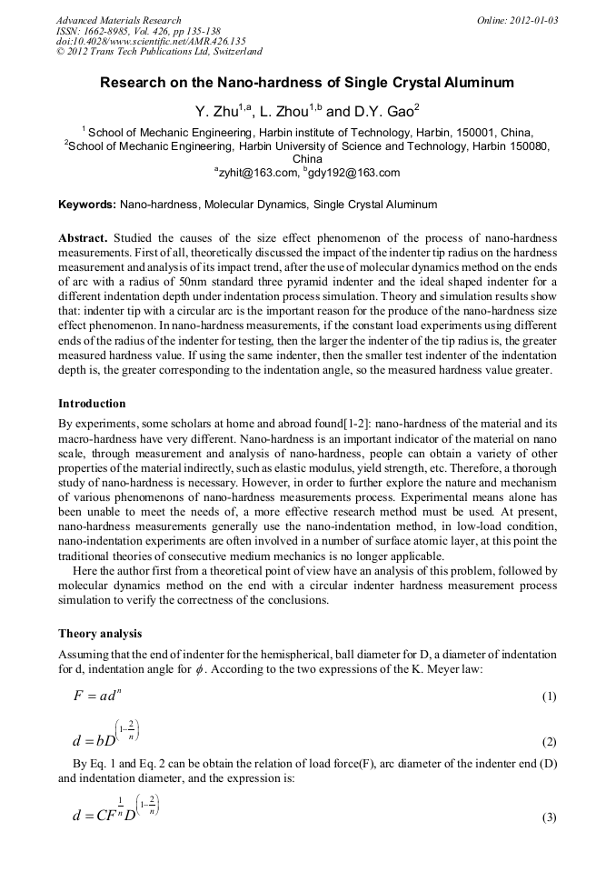 Research on the NanoHardness of Single Crystal Aluminum