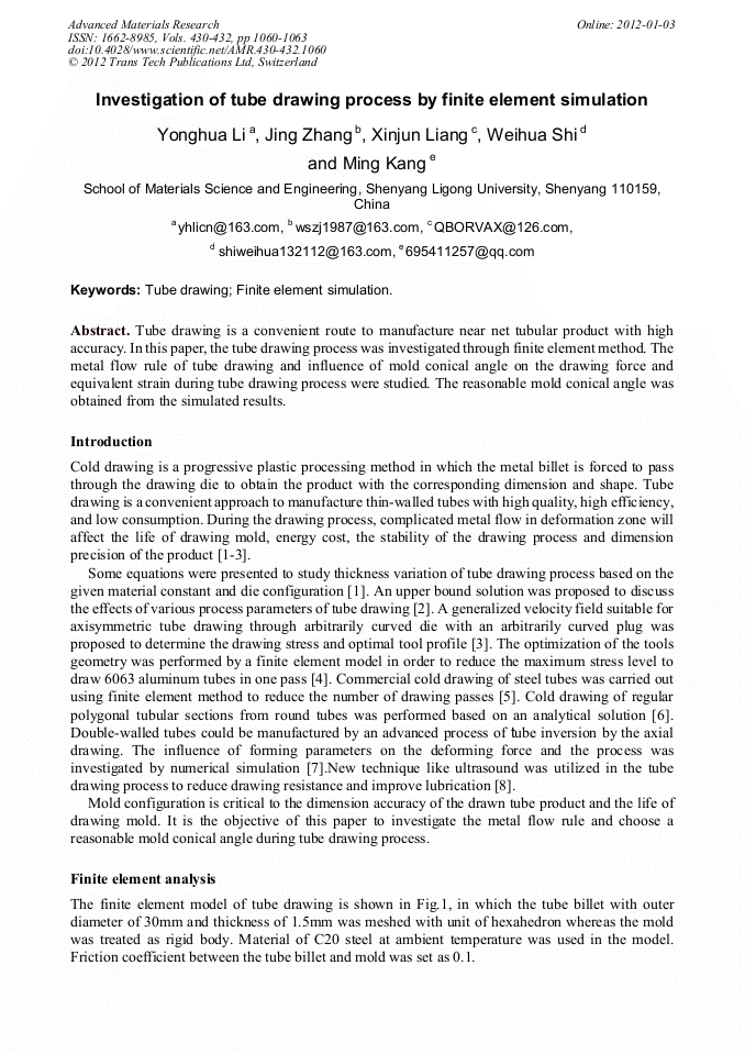 Investigation of Tube Drawing Process by Finite Element