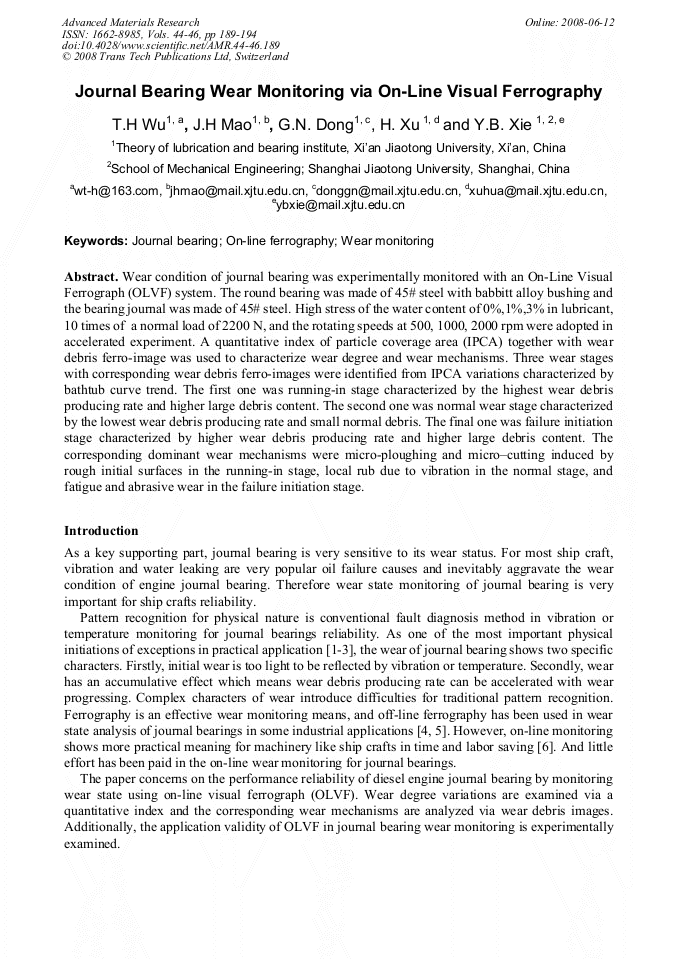 Journal Bearing Wear Monitoring via OnLine Visual Ferrography