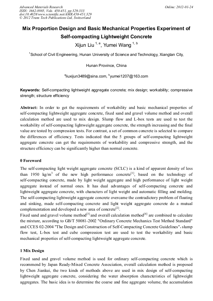 Mix Proportion Design and Basic Mechanical Properties Experiment of Lightweight