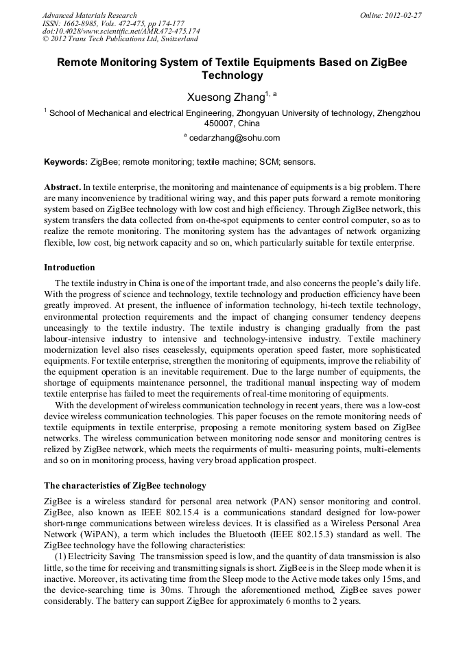 Remote Monitoring System of Textile Equipments Based on ZigBee
