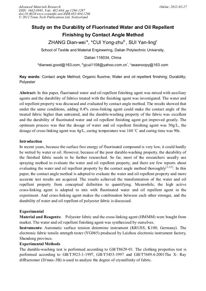 Study on the Durability of Fluorinated Water and Oil Repellent