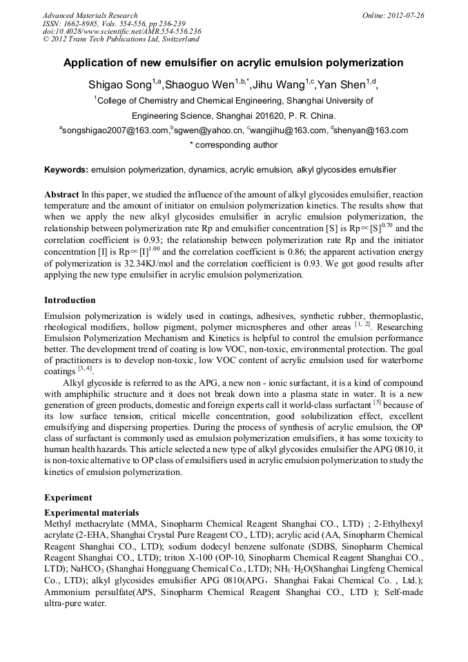 Application of New Emulsifier on Acrylic Emulsion Polymerization