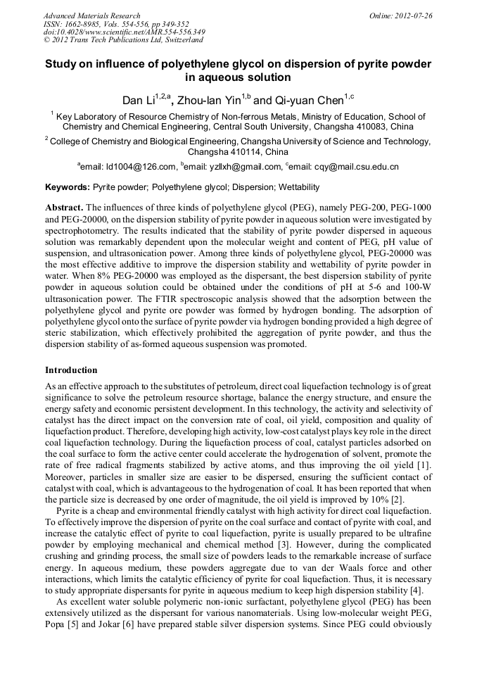 Study On Influence Of Polyethylene Glycol On Dispersion Of Pyrite
