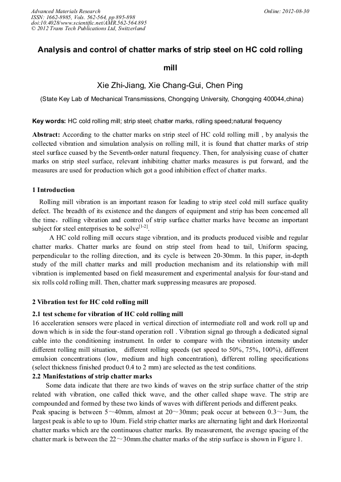 Analysis and Control of Chatter Marks of Strip Steel on HC Cold Rolling Mill