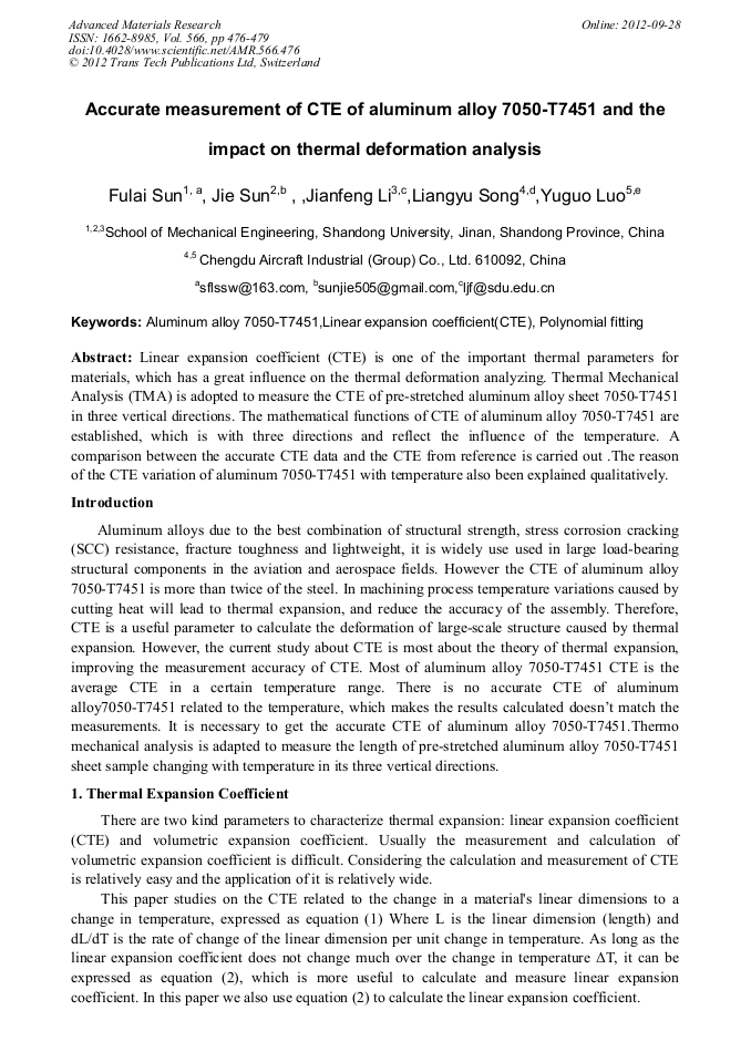 Accurate Measurement of CTE of Aluminum Alloy 7050T7451 and the Impact