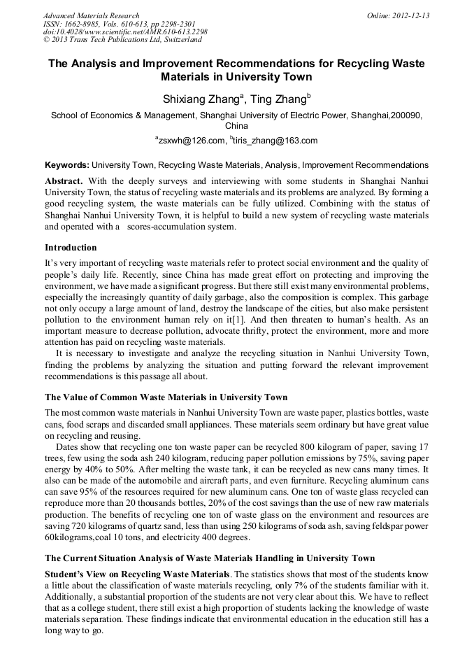 The Analysis and Improvement for Recycling Waste
