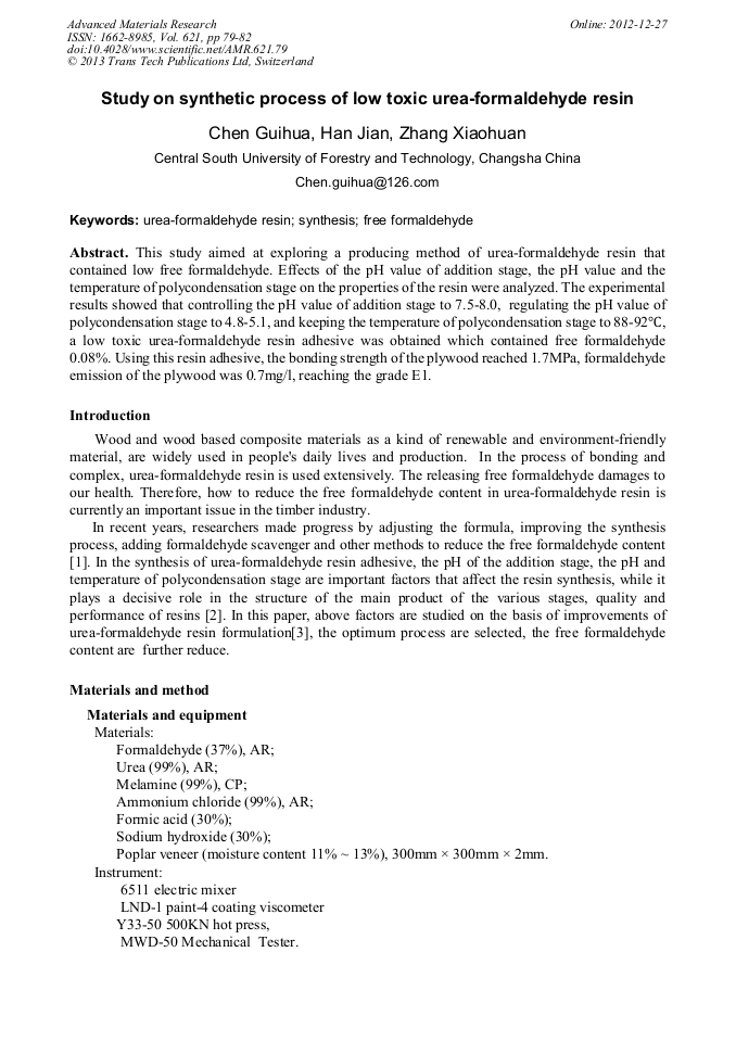 Study on Synthetic Process of Low Toxic UreaFormaldehyde Resin