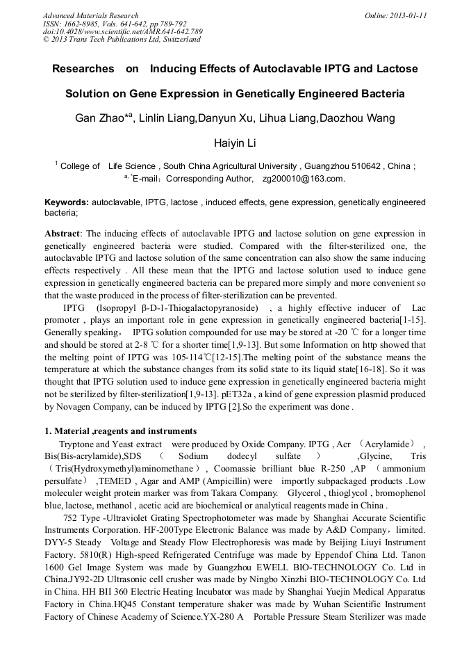 Researches on Inducing Effects of Autoclavable IPTG and ...