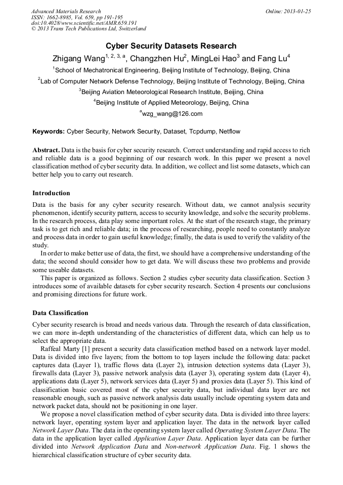 Cyber Security Datasets Research