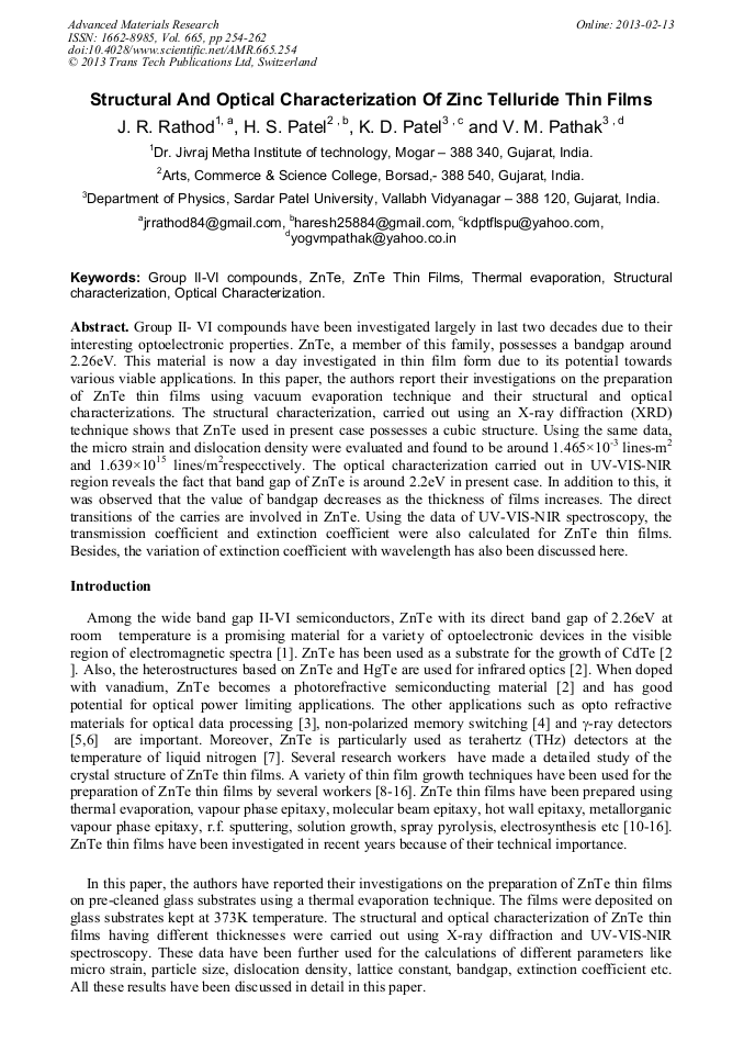 Structural and Optical Characterization of Zinc Telluride Thin Films