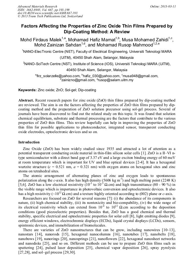 Factors Affecting the Properties of Zinc Oxide Thin Films Prepared by