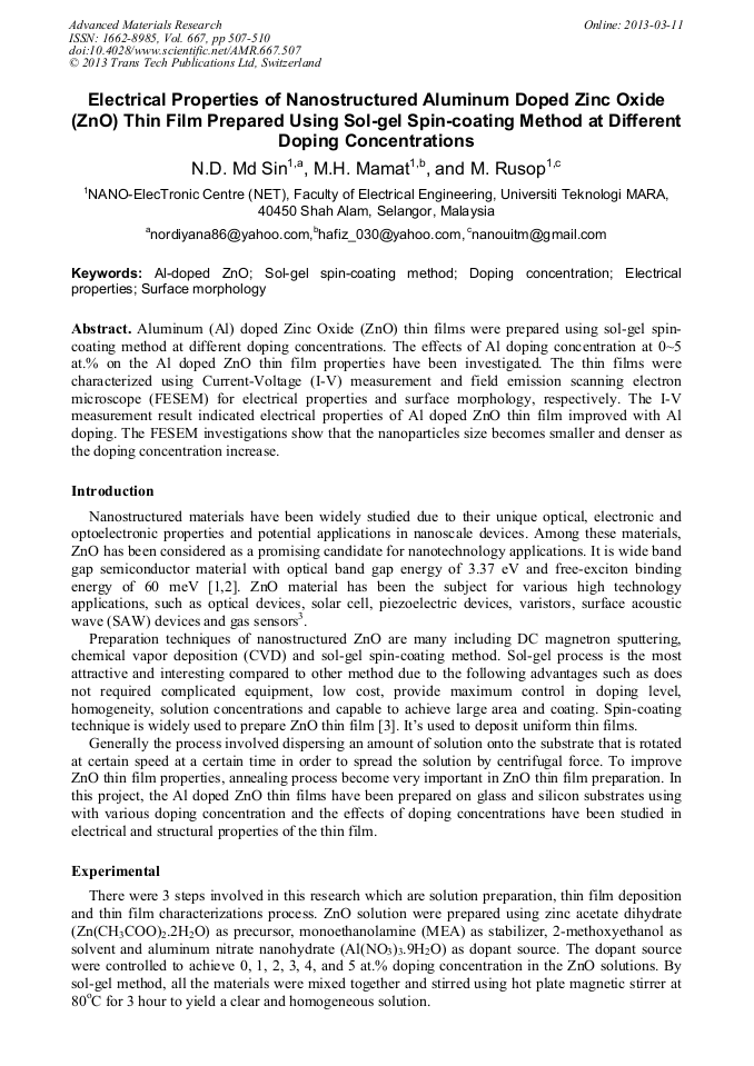 Electrical Properties of Nanostructured Aluminum Doped Zinc Oxide (ZnO
