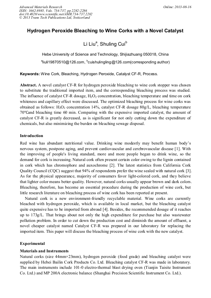 Hydrogen Peroxide Bleaching to Wine Corks with a Novel Catalyst
