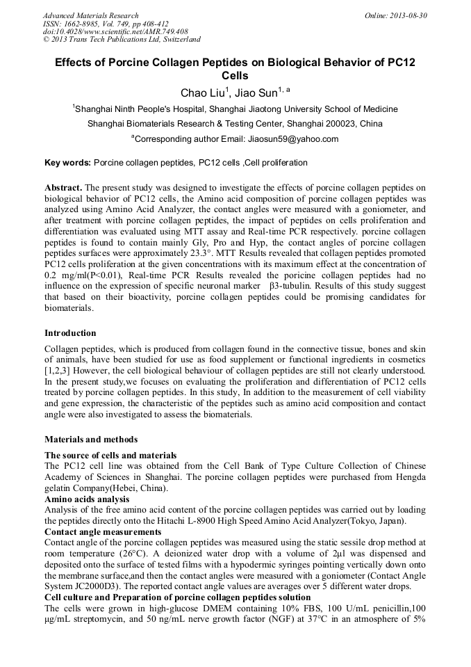 Effects of Porcine Collagen Peptides on Biological Behavior of PC12 Cells
