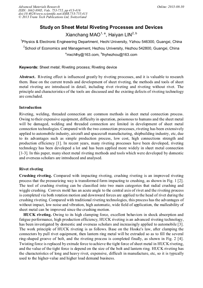Study on Sheet Metal Riveting Processes and Devices
