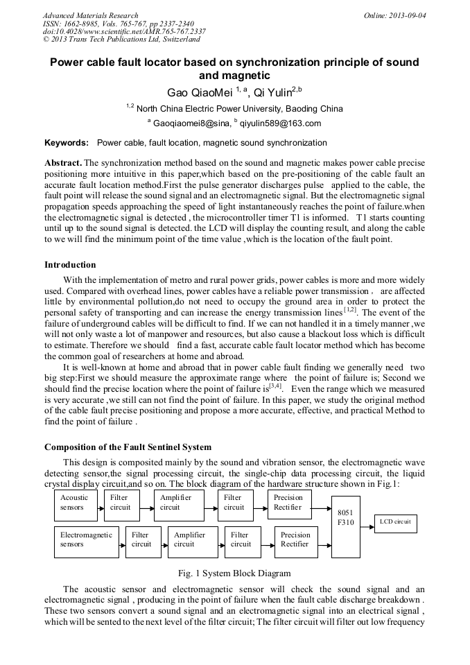 Power Cable Fault Locator Based on Synchronization Principle of Sound