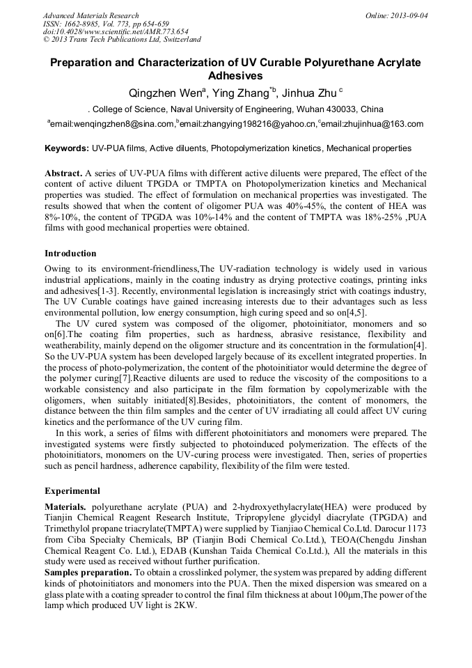 Preparation and Characterization of UV Curable Polyurethane Acrylate