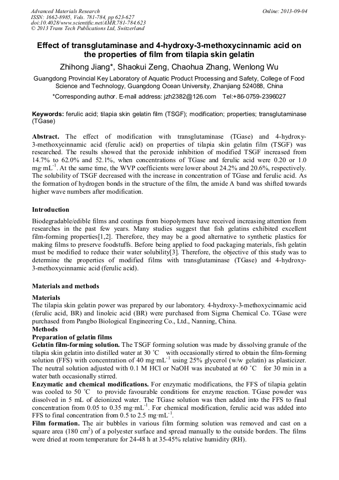 Effect of Transglutaminase and 4hydroxy3methoxycinnamic Acid on the Properties of Film from