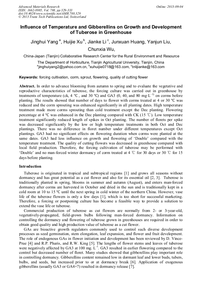 Influence of Temperature and Gibberellins on Growth and Development of