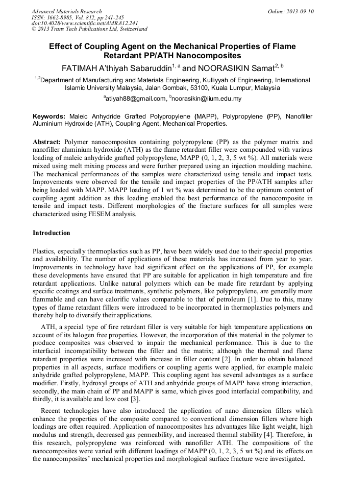 Effect of Coupling Agent on the Mechanical Properties of Flame