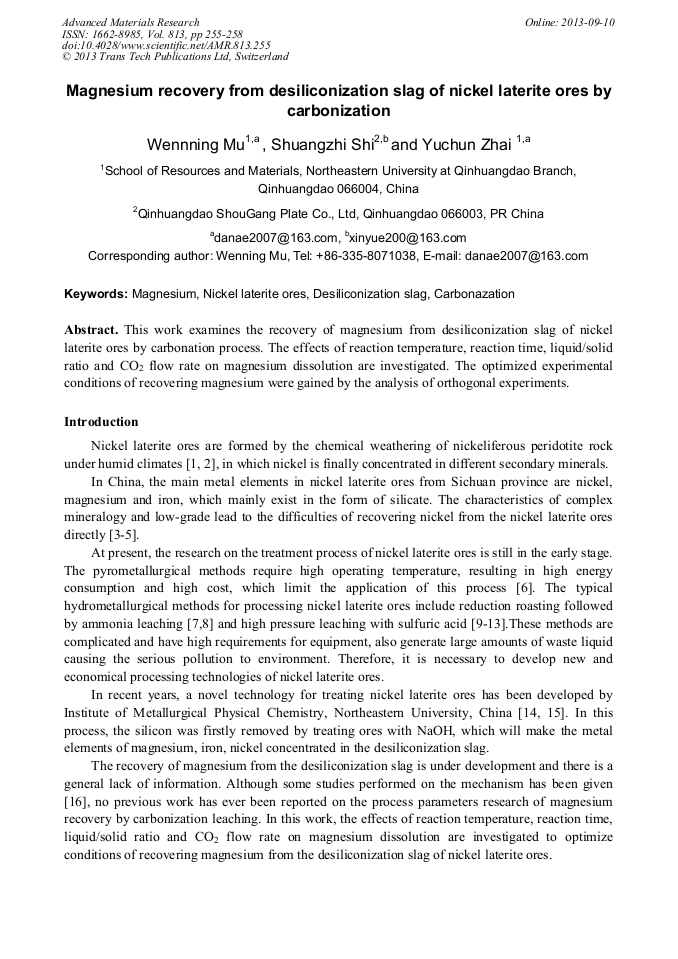 Magnesium Recovery from Desiliconization Slag of Nickel Laterite Ores